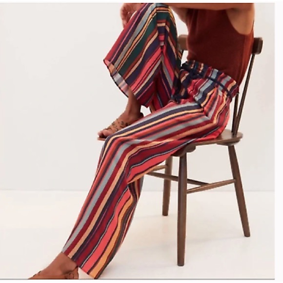 Anthropologie FARM Rio S Wide Leg Pant Striped Augustine Pants Red Yellow